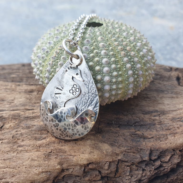 Silver seahorse seaweed coastal pendant