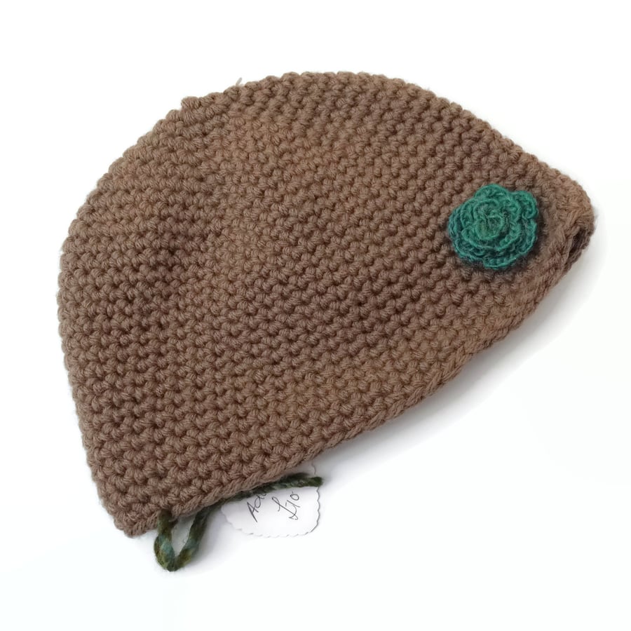 Adult Brown Crochet Hat with Teal Flower