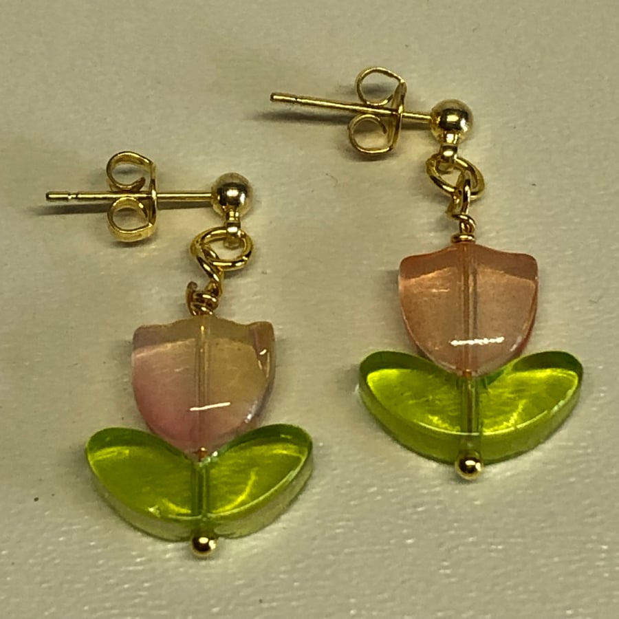Peachy and Green Coloured Glass Tulip Stud Earrings 