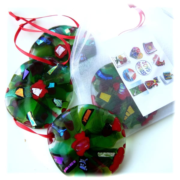Holly Wreath Tree Decoration Dichroic Fused Glass Handmade Christmas