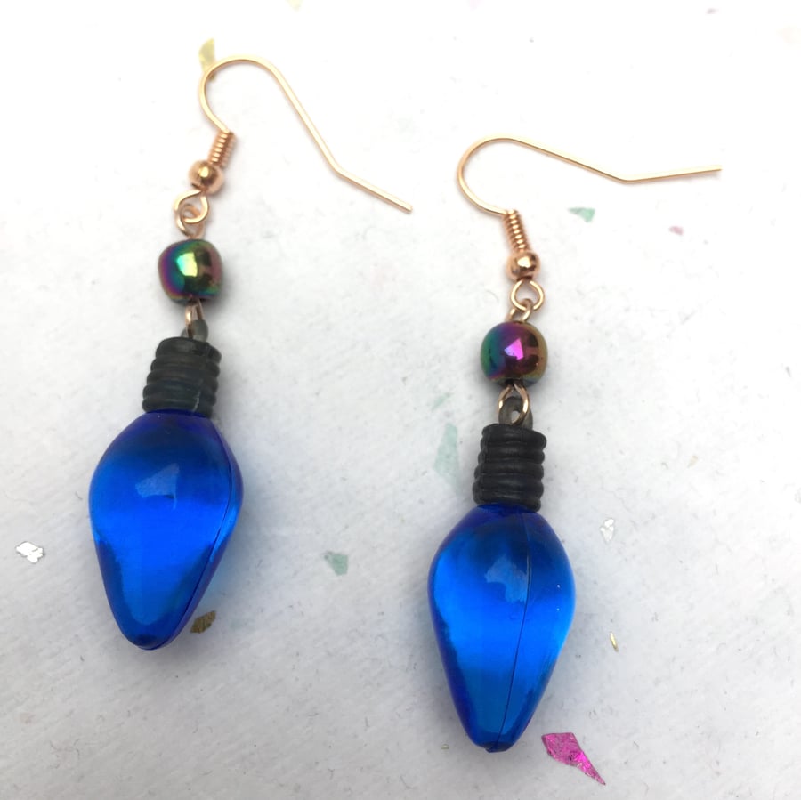 Blue Christmas light bulb dangle earrings with metallic purple hematite bead