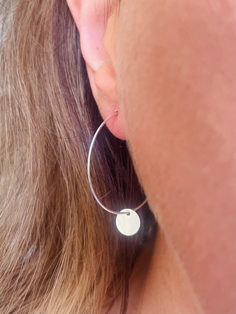 Boho Sterling Silver Disc Coin Hoop Earrings 