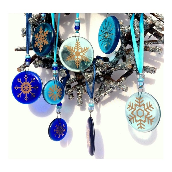 Fused Glass Snowflake Hanging Tree Decorations - Glass Suncatcher - Bauble