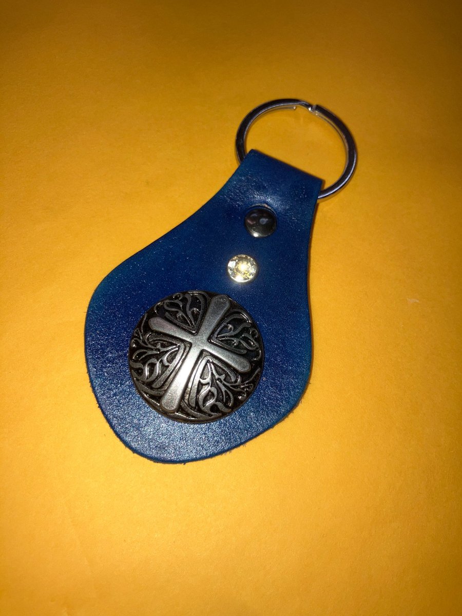 Blue Leather Keyring with Cross Design & 1 White Gemstone - FREE SHIPPING