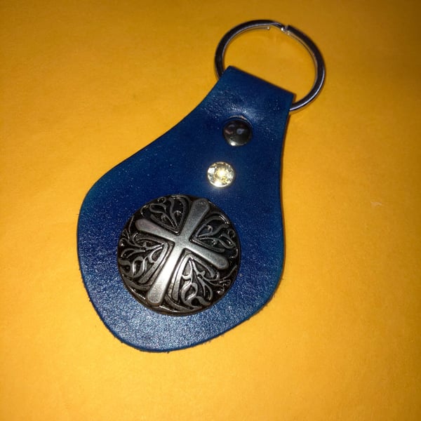 Blue Leather Keyring with Cross Design & 1 White Gemstone - FREE SHIPPING