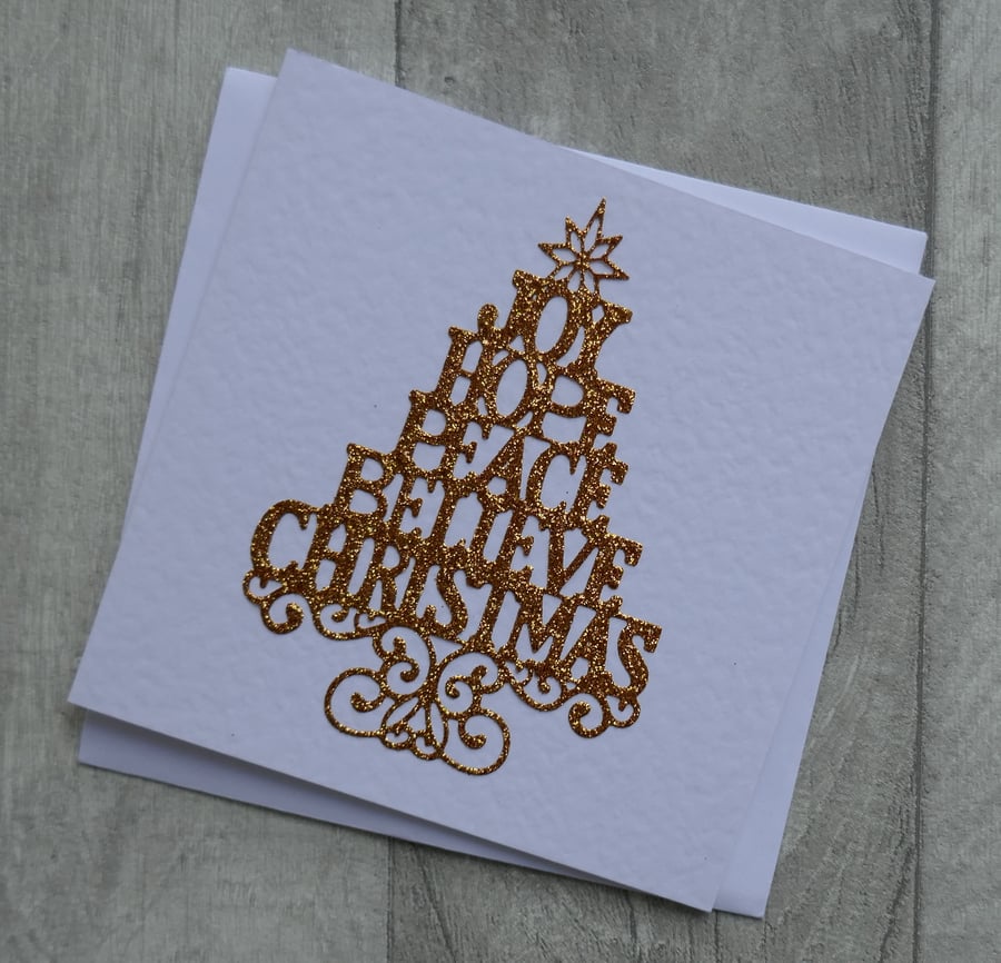 Joy, Hope, Peace, Believe, Christmas - Bronze Glitter Tree - Christmas Card