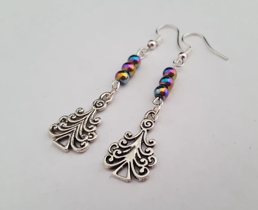 Christmas tree earrings with rainbow Mardi Gras beads