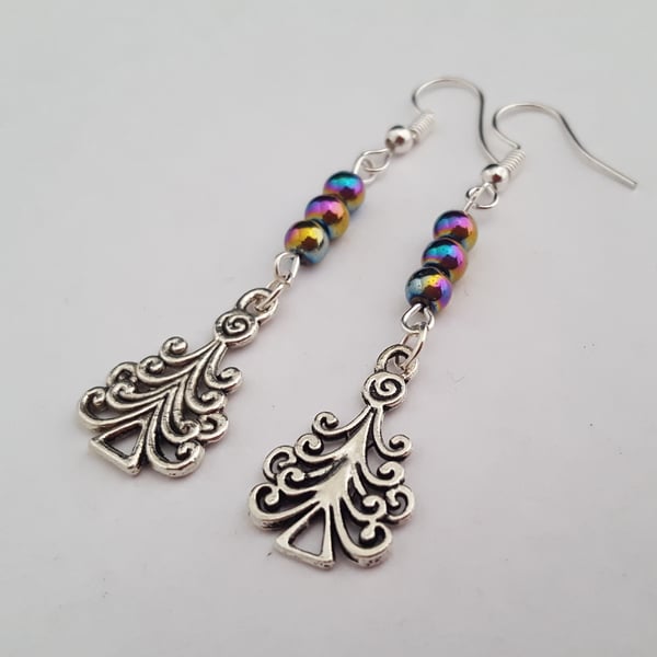 Christmas tree earrings with rainbow Mardi Gras beads
