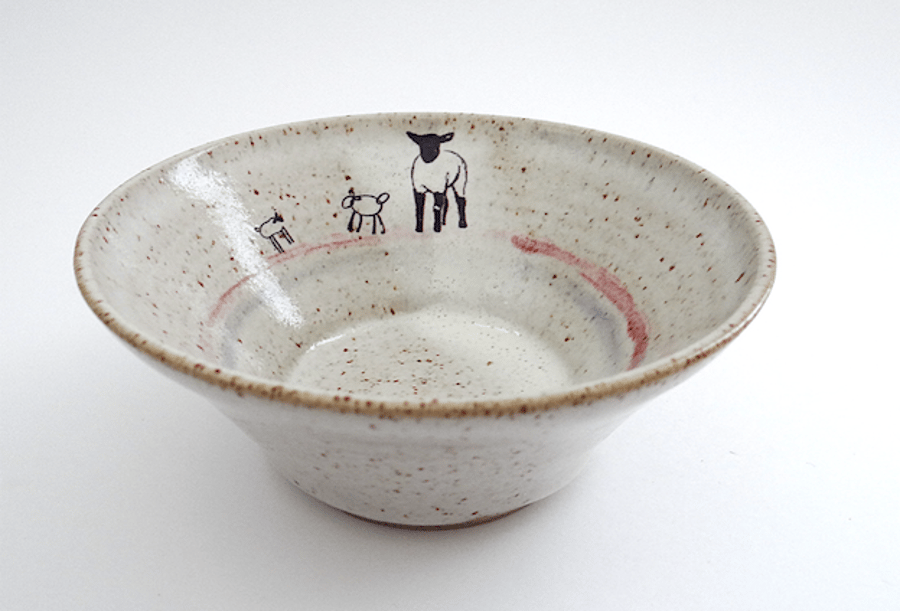 Handmade ceramic breakfast cereal soup bowl with lamb images - stoneware pottery