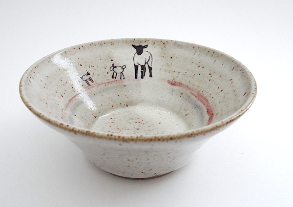 Handmade ceramic breakfast cereal soup bowl with lamb images - stoneware pottery