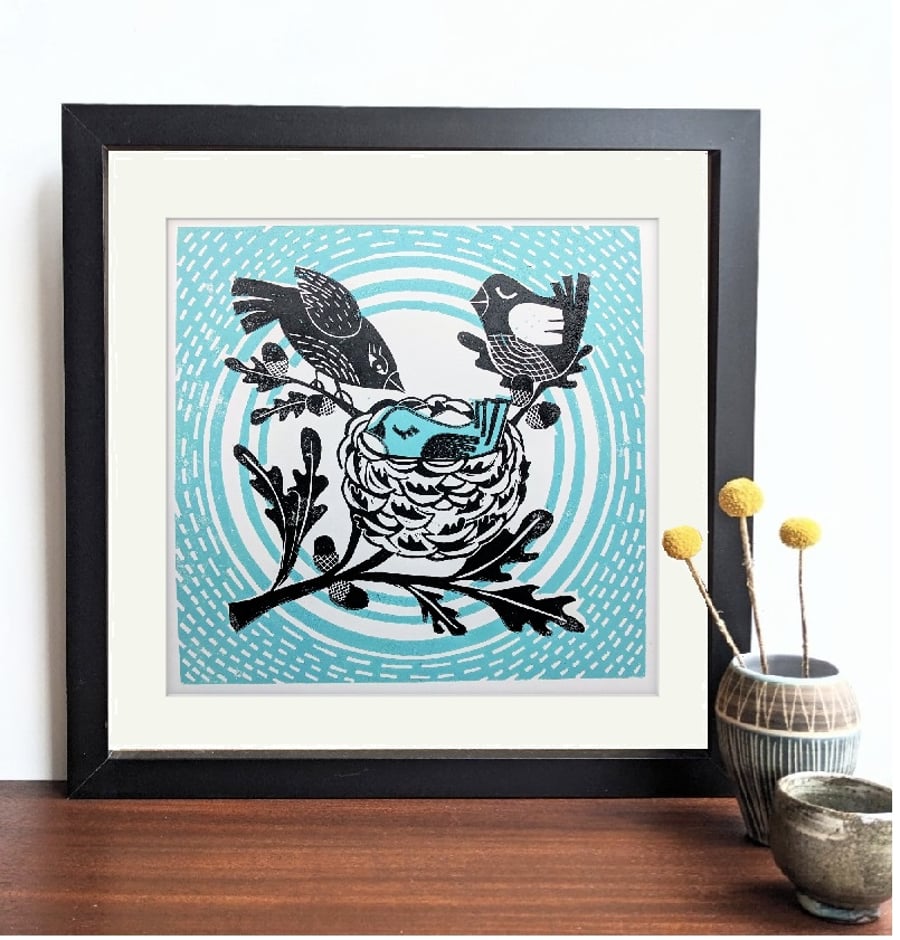 Birds in a nest in blue - Original Lino Print