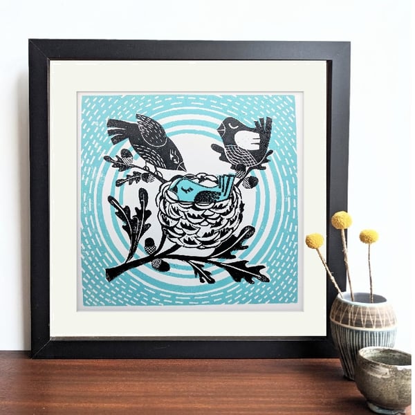 Birds in a nest in blue - Original Lino Print