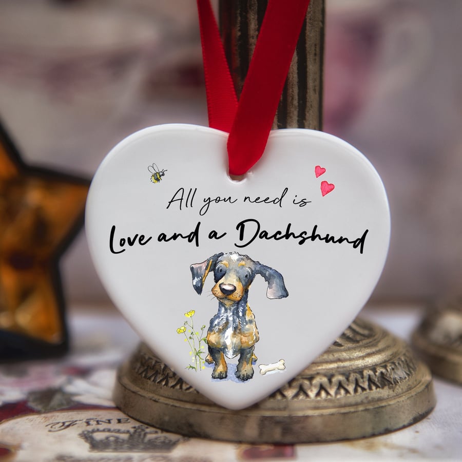 Love and a Dachshund Dapple Ceramic Heart