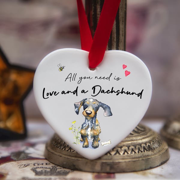 Love and a Dachshund Dapple Ceramic Heart