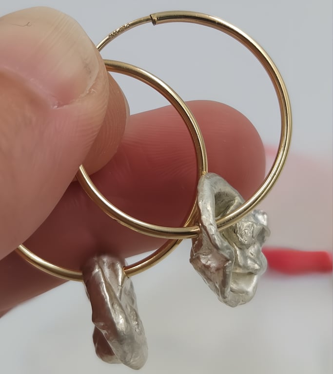 Gold Filled Continuous Hoop Earrings with Watercast Molten Silver Shell Detail