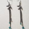 Bronze Bird Dangle Earrrings with Small Green Crystal Beads - UK Free Post