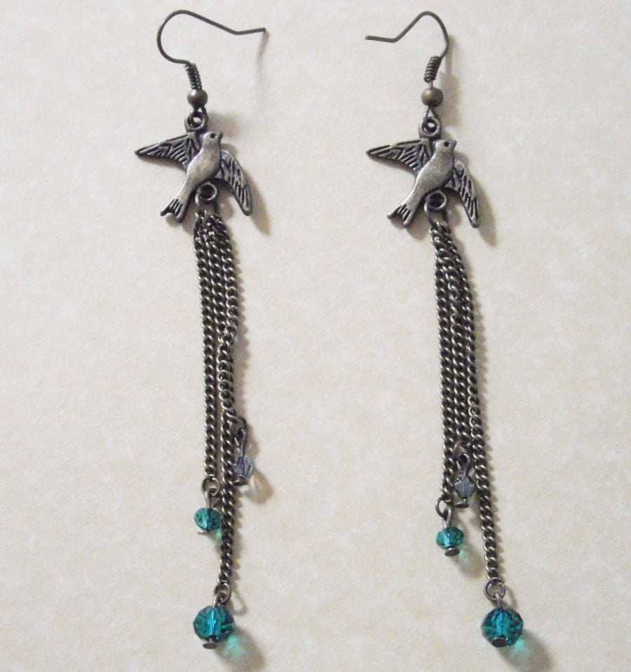 Bronze Bird Dangle Earrrings with Small Green Crystal Beads - UK Free Post