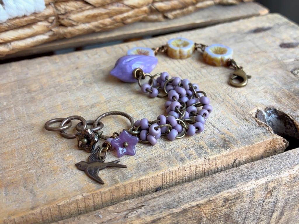 One of a Kind Ceramic Bird Bracelet with Lavender Czech Glass and Antique Brass