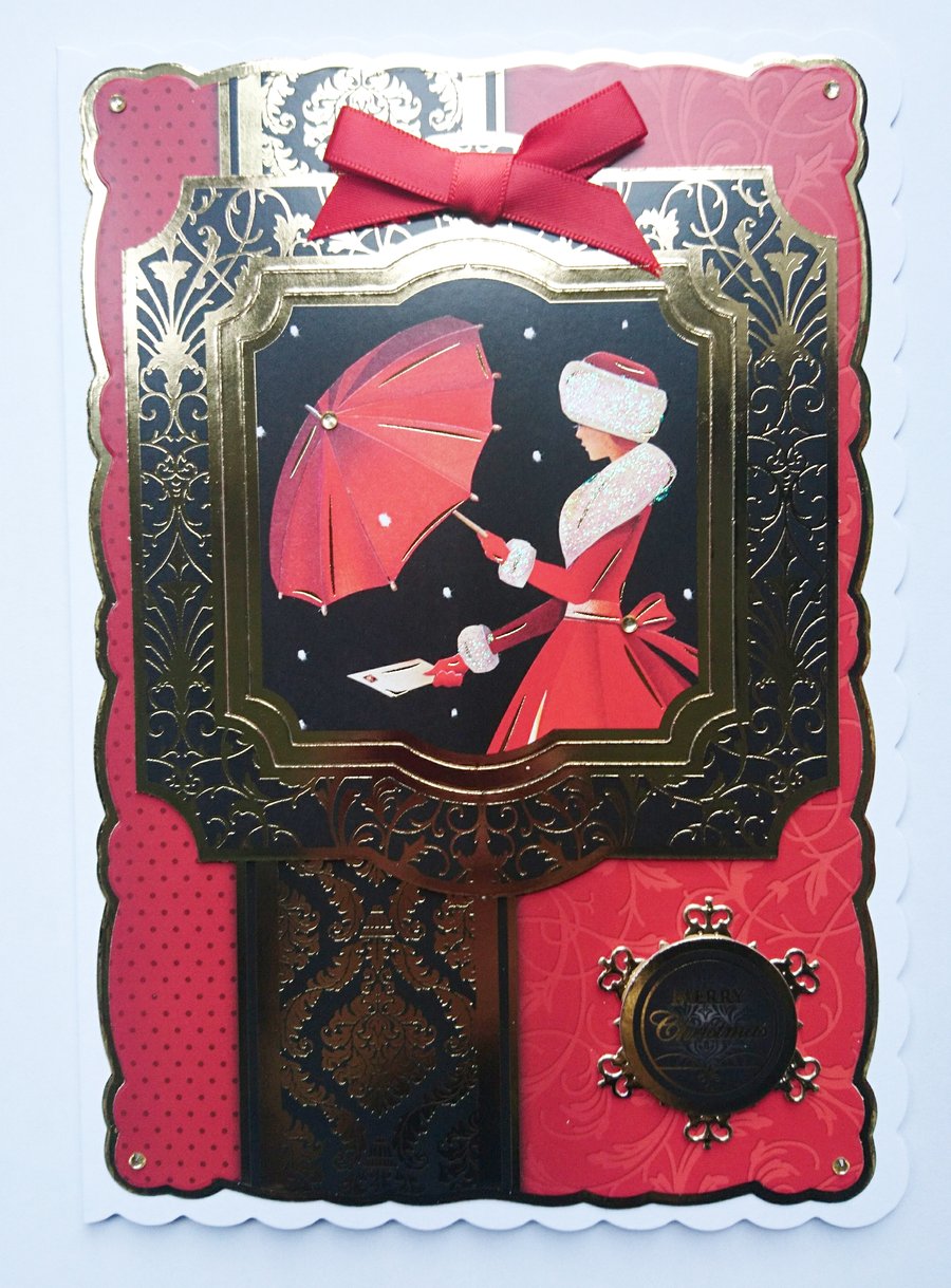Christmas Card Lady in Red Coat Sending Christmas Card 3D Luxury Handmade Card