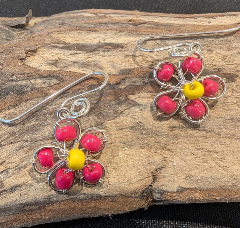 Pretty Red & Yellow Daisy Earrings on Recycled Sterling Silver Earwires