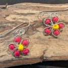 Pretty Red & Yellow Daisy Earrings on Recycled Sterling Silver Earwires