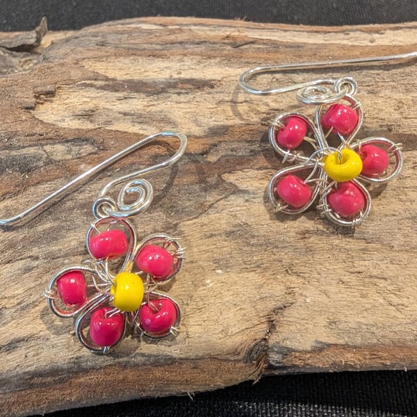 Pretty Red & Yellow Daisy Earrings on Recycled Sterling Silver Earwires