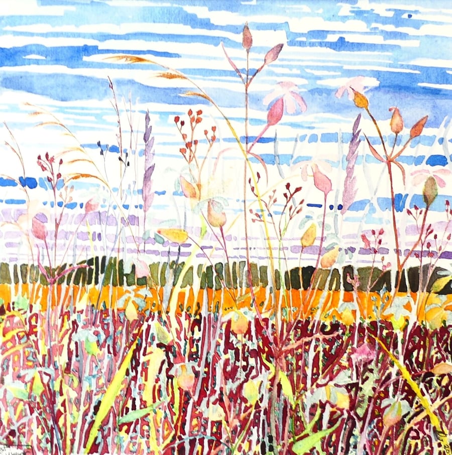 Framed Fen Landscape Original Watercolour of Summer Grasses