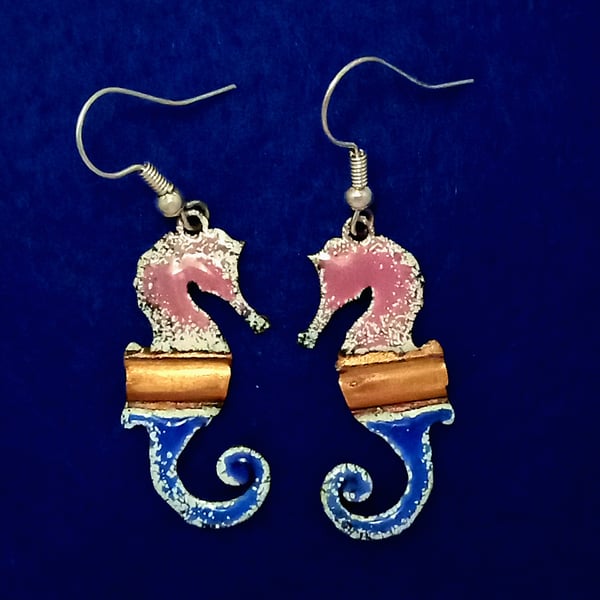 Seahorse glass enamel earrings