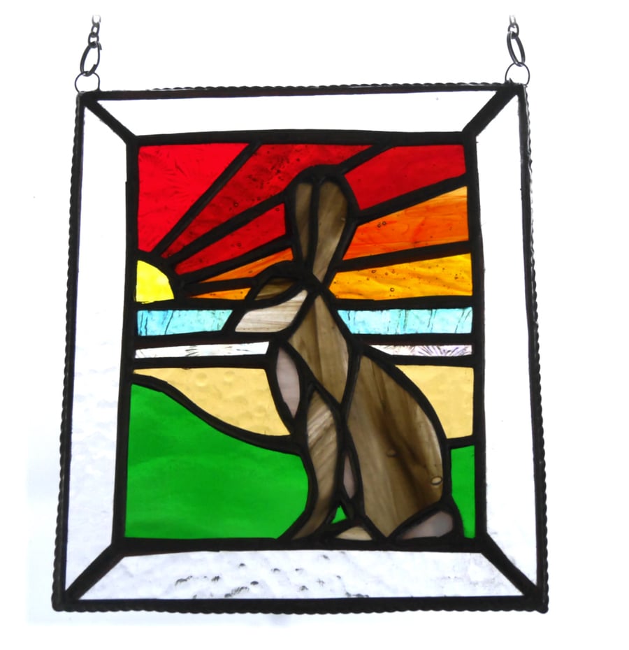 RESERVED Sunset Hare Stained Glass Art Picture Suncatcher Handmade 004
