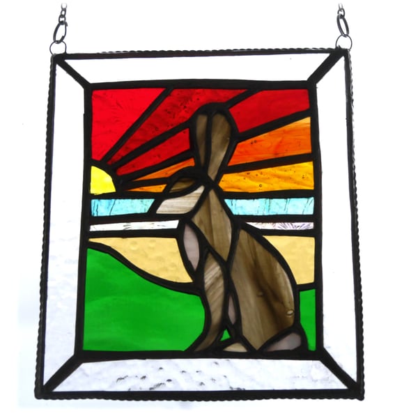 RESERVED Sunset Hare Stained Glass Art Picture Suncatcher Handmade 004