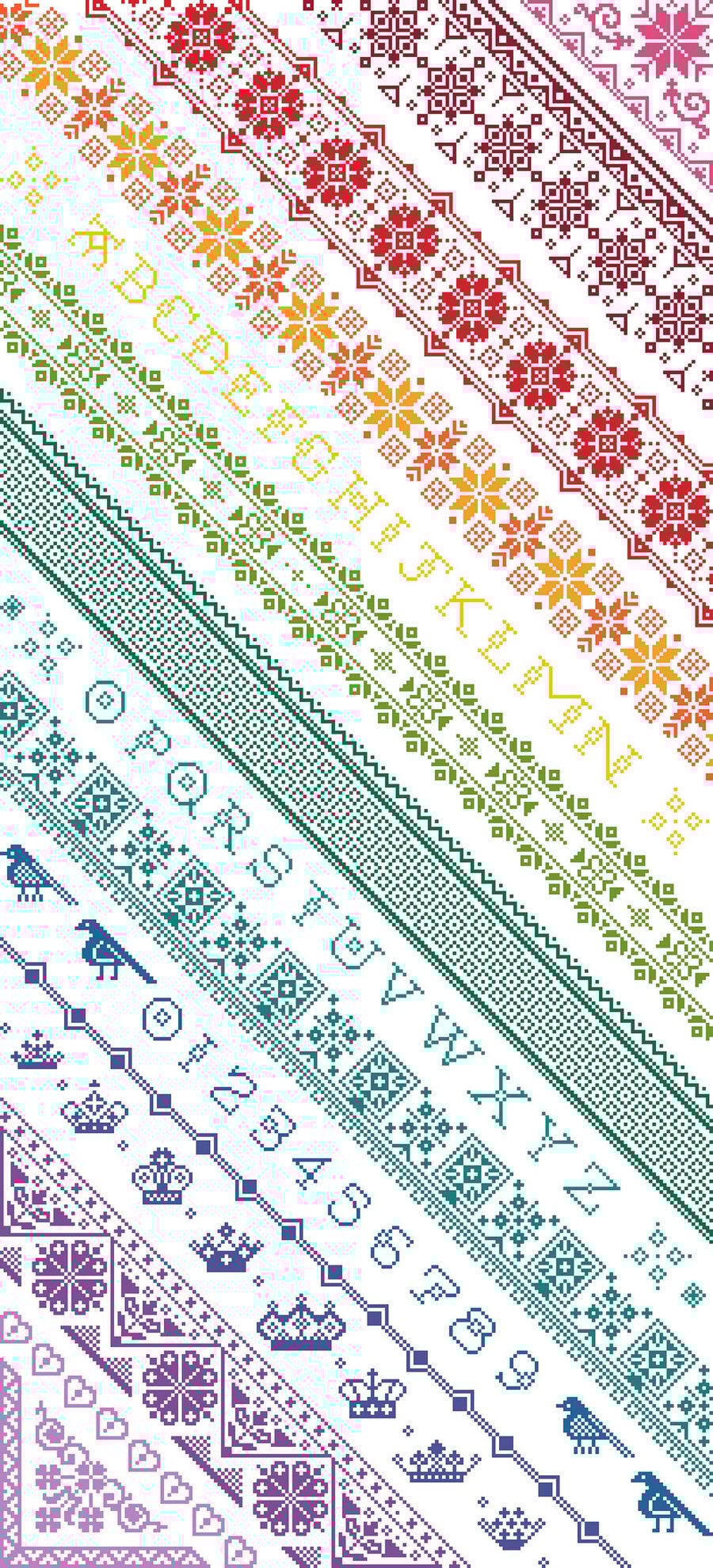 002 Twisted Diagonal Rainbow Band Alphabet Sampler on White - CS Pattern