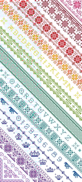 002 Twisted Diagonal Rainbow Band Alphabet Sampler on White - CS Pattern
