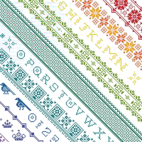 002 Twisted Diagonal Rainbow Band Alphabet Sampler on White - CS Pattern
