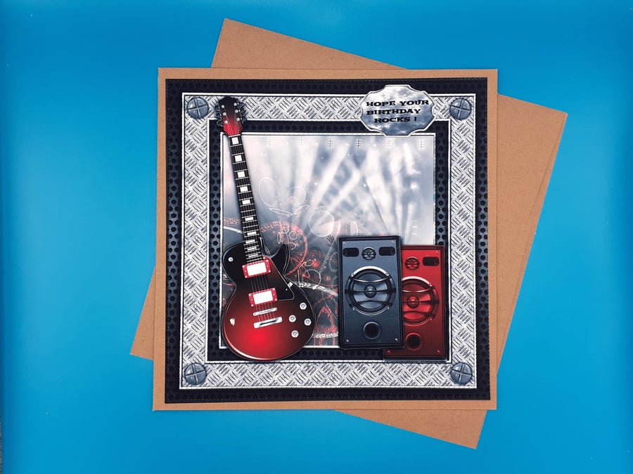 Guitar Birthday Card, Decoupage, Handmade