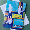Rabbits with  Synthesisers greetings card by Jo Brown