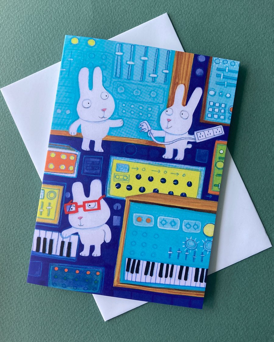 Rabbits with  Synthesisers greetings card by Jo Brown