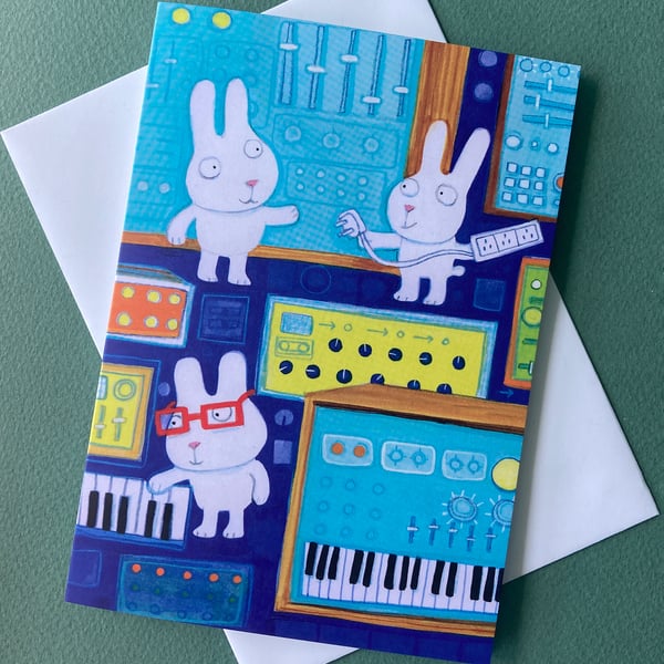 Rabbits with  Synthesisers greetings card by Jo Brown