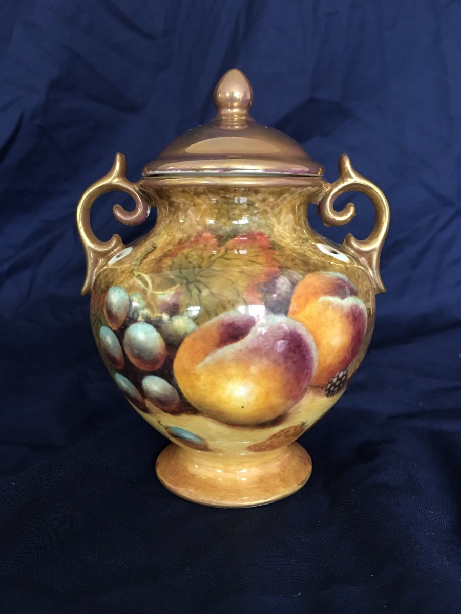 Worcester Fruit Vase. Handpainted handled and lidded bone china vase.