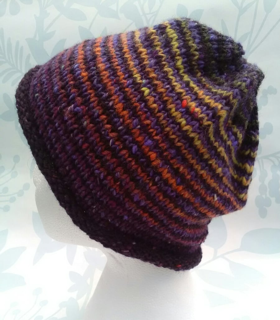 Handknit Noro Donegal Tweed stripey Roll up Hat purple orange yellow MED