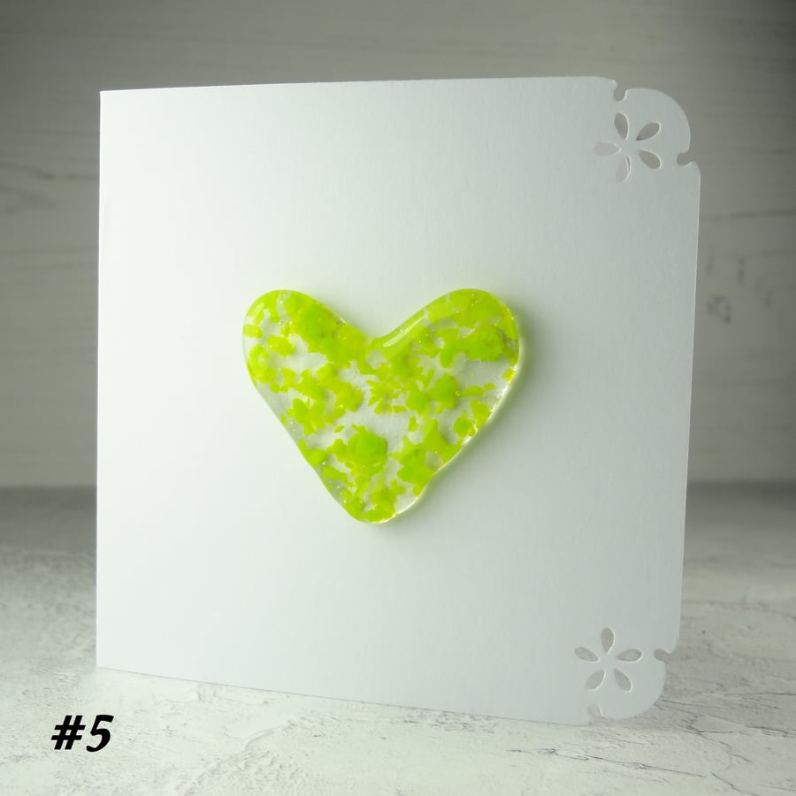 Handcrafted green speckled heart fused glass blank card (5)