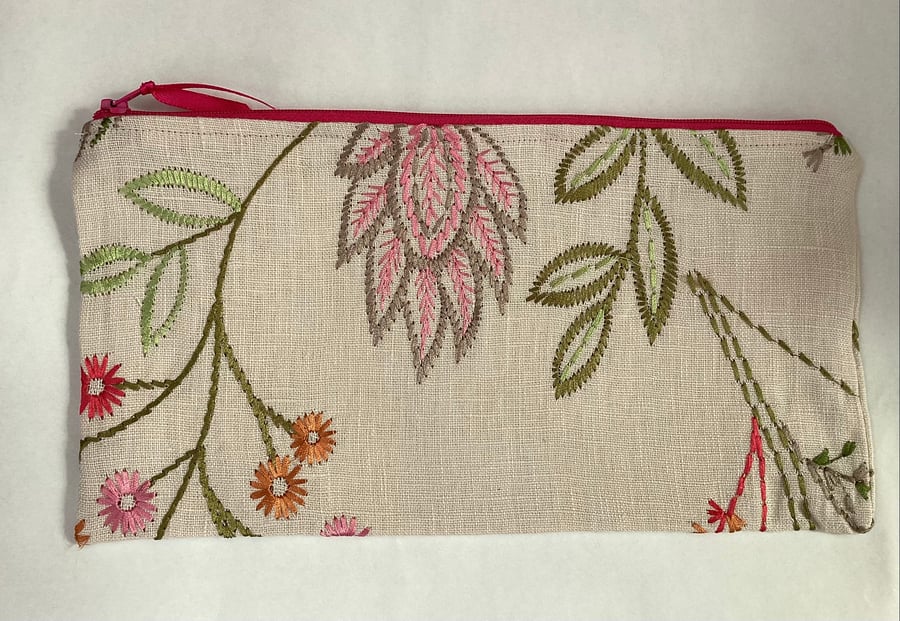 Zipped make up bag or pencil case embroidered ecru linen