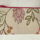 Zipped make up bag or pencil case embroidered ecru linen