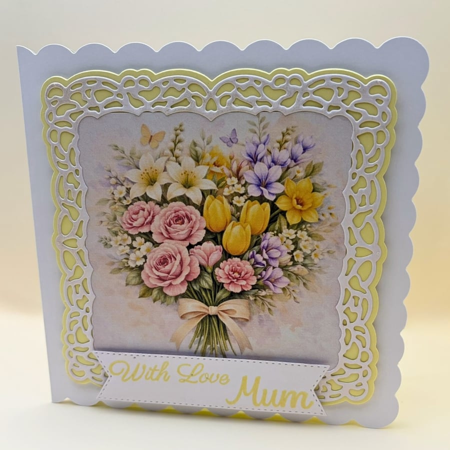 Mother's Day Card for Mum -  Handmade Floral Bouquet (Yellow, Pink or Violet)