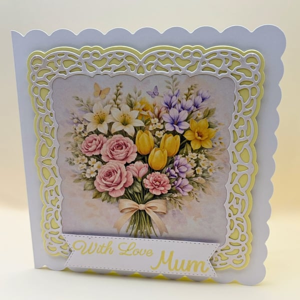 Mother's Day Card for Mum -  Handmade Floral Bouquet (Yellow, Pink or Violet)