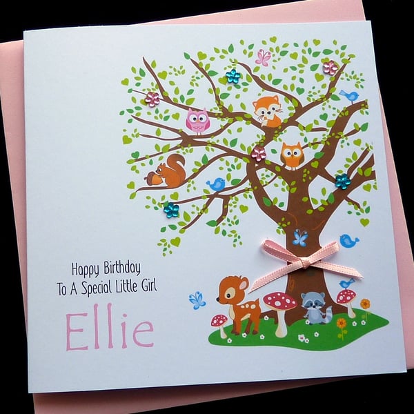 Handmade Personalised Woodland Tree & Animals Birthday Card