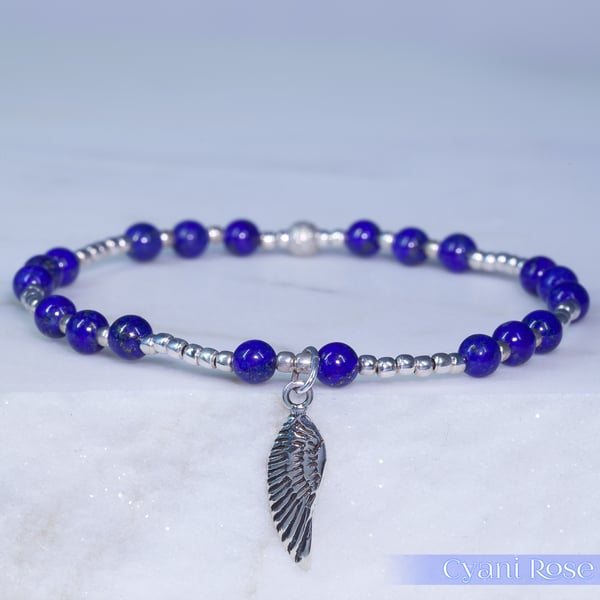 Bracelet Lapis Lazuli and Sterling Silver Angel Wing Charm handmade