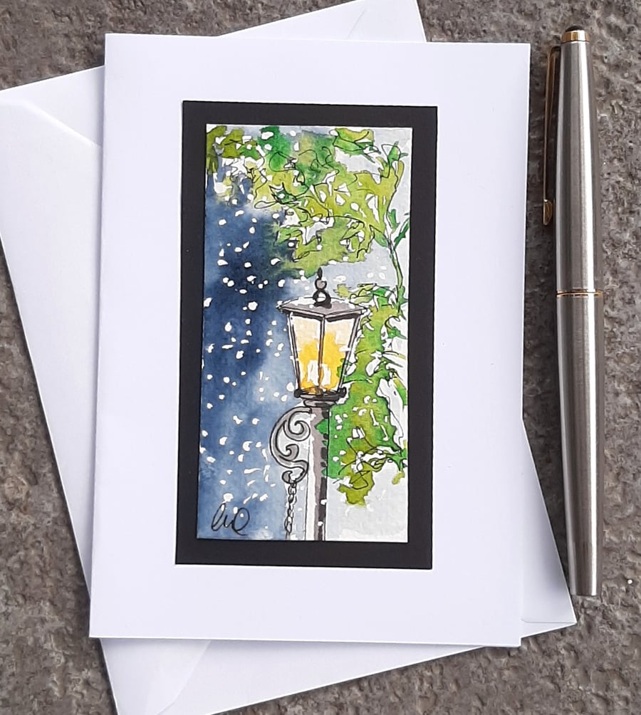Hand Painted Christmas Card. Blank Card. Snowy Vintage Lantern