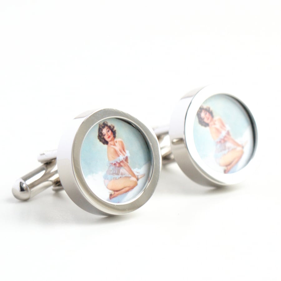 Vintage Pin Up Cufflinks of a Brunette in Skimpy White Underwear