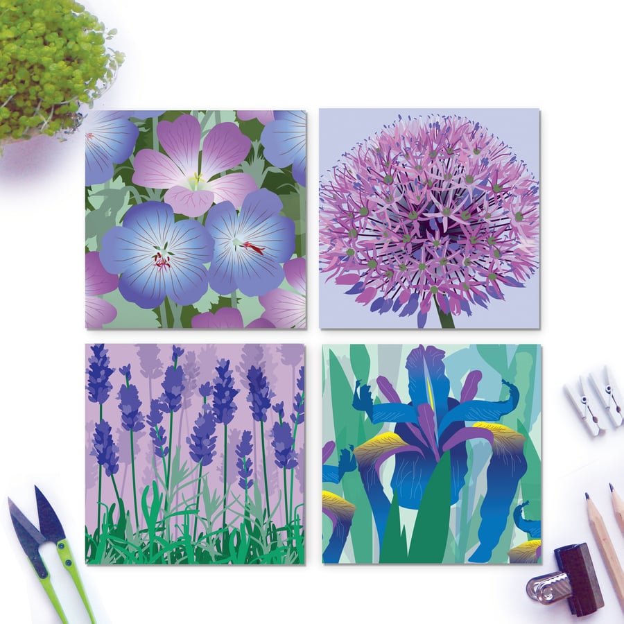 Blue & Purple Flower Card Collection - Allium, Geranium, Iris & Lavender