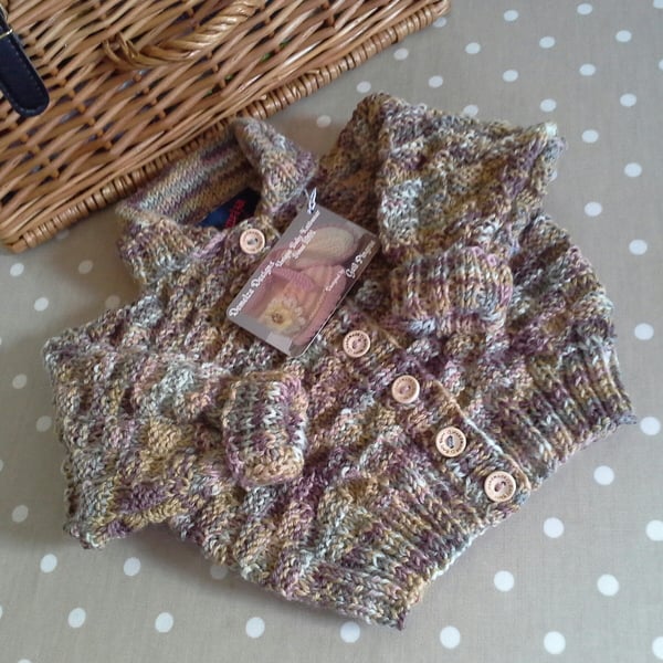 Textured Unisex Hand Knitted Baby Cardigan with 30% Marino wool Size 3-9 months